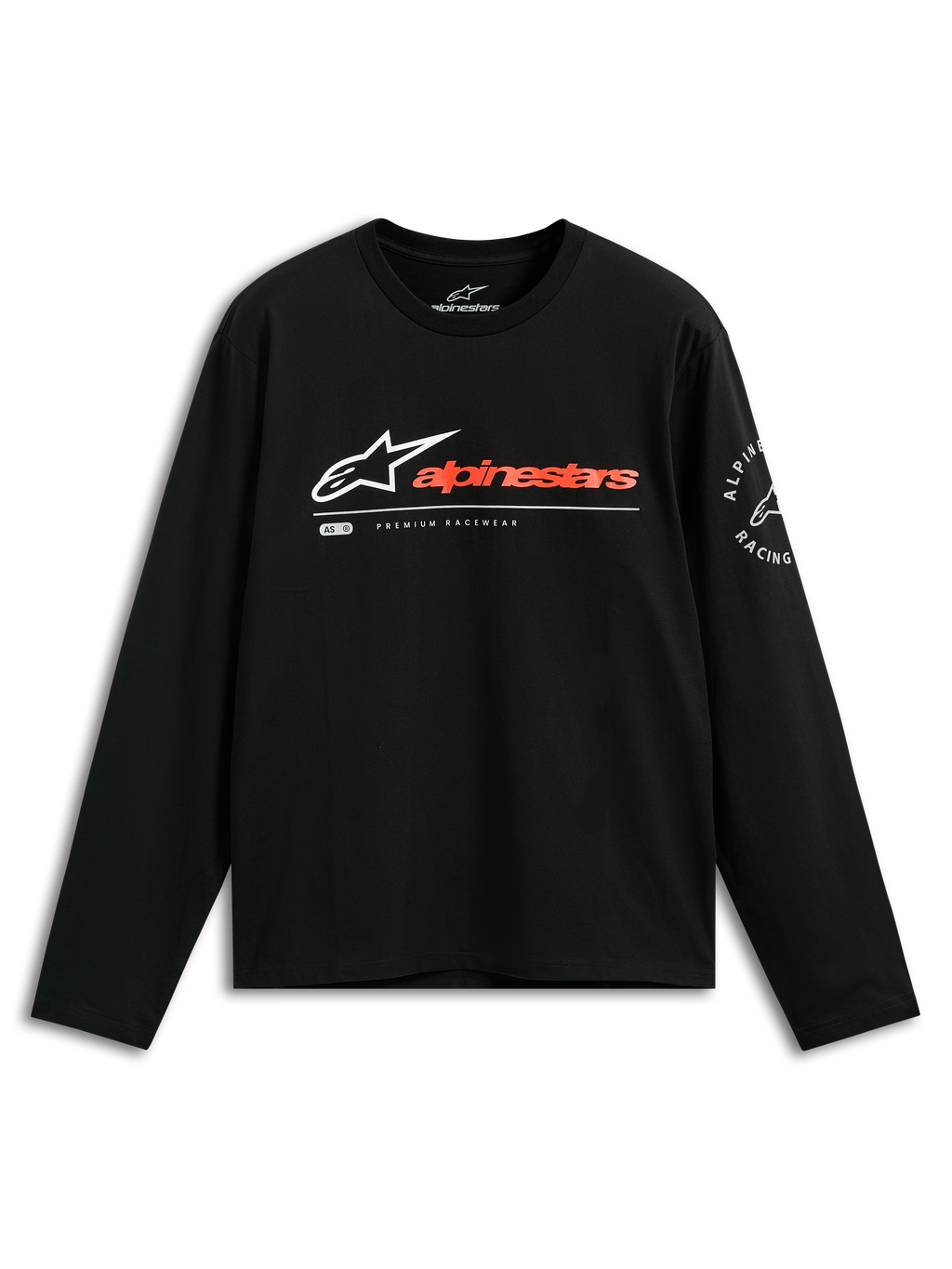 Alpinestars Mandatory CSF Tee, koszulka z długim rękawem, czarna, białe logo Astars z czerwonopomarańczowym napisem, okrągła grafika Alpinestars Racing na rękawie, codzienna odzież motorsportowa