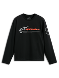 Alpinestars Mandatory CSF Tee, koszulka z długim rękawem, czarna, białe logo Astars z czerwonopomarańczowym napisem, okrągła grafika Alpinestars Racing na rękawie, codzienna odzież motorsportowa