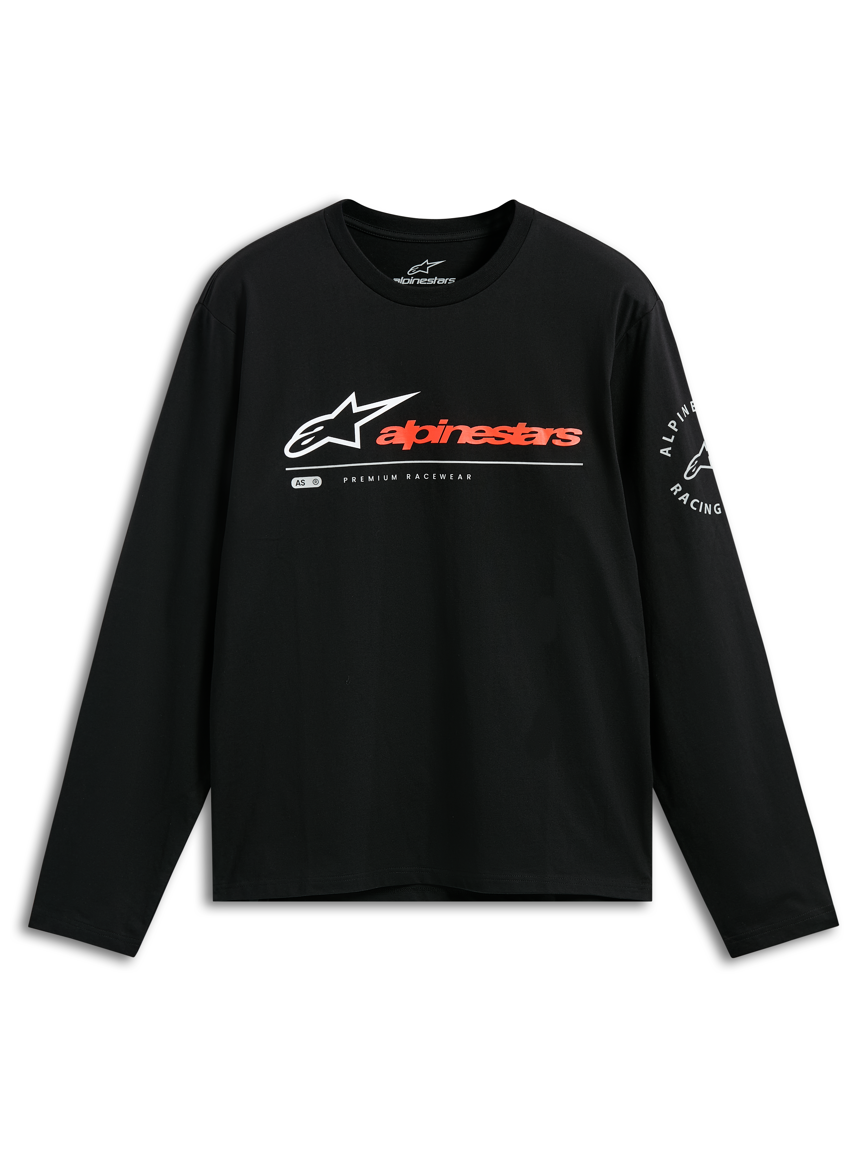 Alpinestars Mandatory CSF Tee, koszulka z długim rękawem, czarna, białe logo Astars z czerwonopomarańczowym napisem, okrągła grafika Alpinestars Racing na rękawie, codzienna odzież motorsportowa