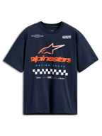 Alpinestars Aplomb Oversized CSF Tee, granatowa koszulka z krótkim rękawem, duże pomarańczowe logo Alpinestars z pasiastą gwiazdą i motywem flagi w szachownicę, casualowa odzież motorsportowa typu streetwear