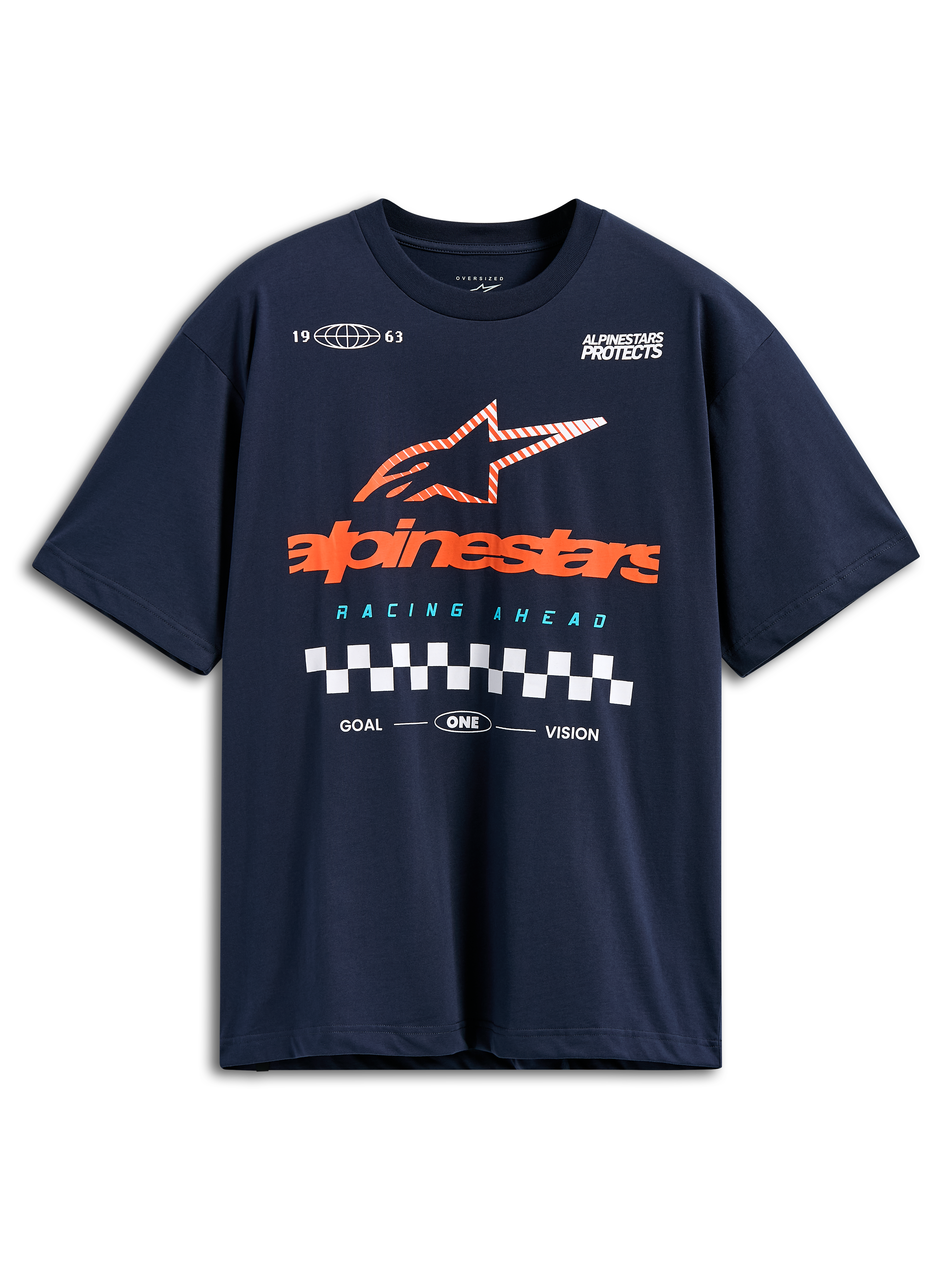 Alpinestars Aplomb Oversized CSF Tee, granatowa koszulka z krótkim rękawem, duże pomarańczowe logo Alpinestars z pasiastą gwiazdą i motywem flagi w szachownicę, casualowa odzież motorsportowa typu streetwear