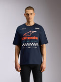 Koszulka Alpinestars Aplomb Oversized CSF, t-shirt z krótkim rękawem, granatowa, duże pomarańczowo-białe logo Astars z grafiką w szachownicę, luźny streetwear inspirowany motorsportem