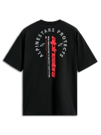 Alpinestars Overhang Oversized CSF Tee, t-shirt z krótkim rękawem, czarny, widok z tyłu z czerwonym pionowym napisem i szarą grafiką „Alpinestars Protects”, casualowy styl motorsport