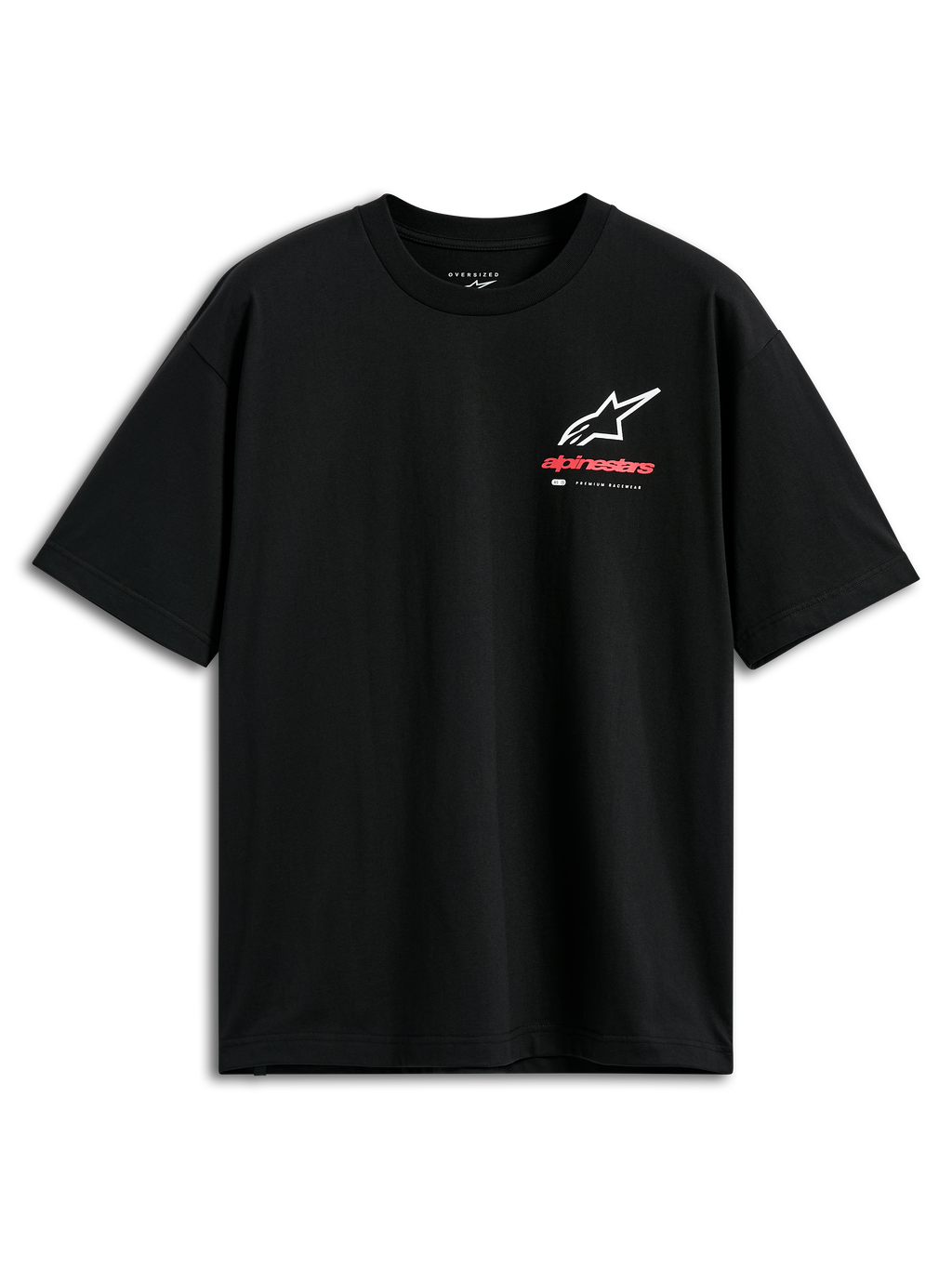 Alpinestars Overhang Oversized CSF Tee, czarna koszulka z krótkim rękawem, biało-czerwone logo Astars z przodu z napisem „Premium Racewear”, luźny krój typu oversized, casualowa odzież motorsportowa w stylu streetwear