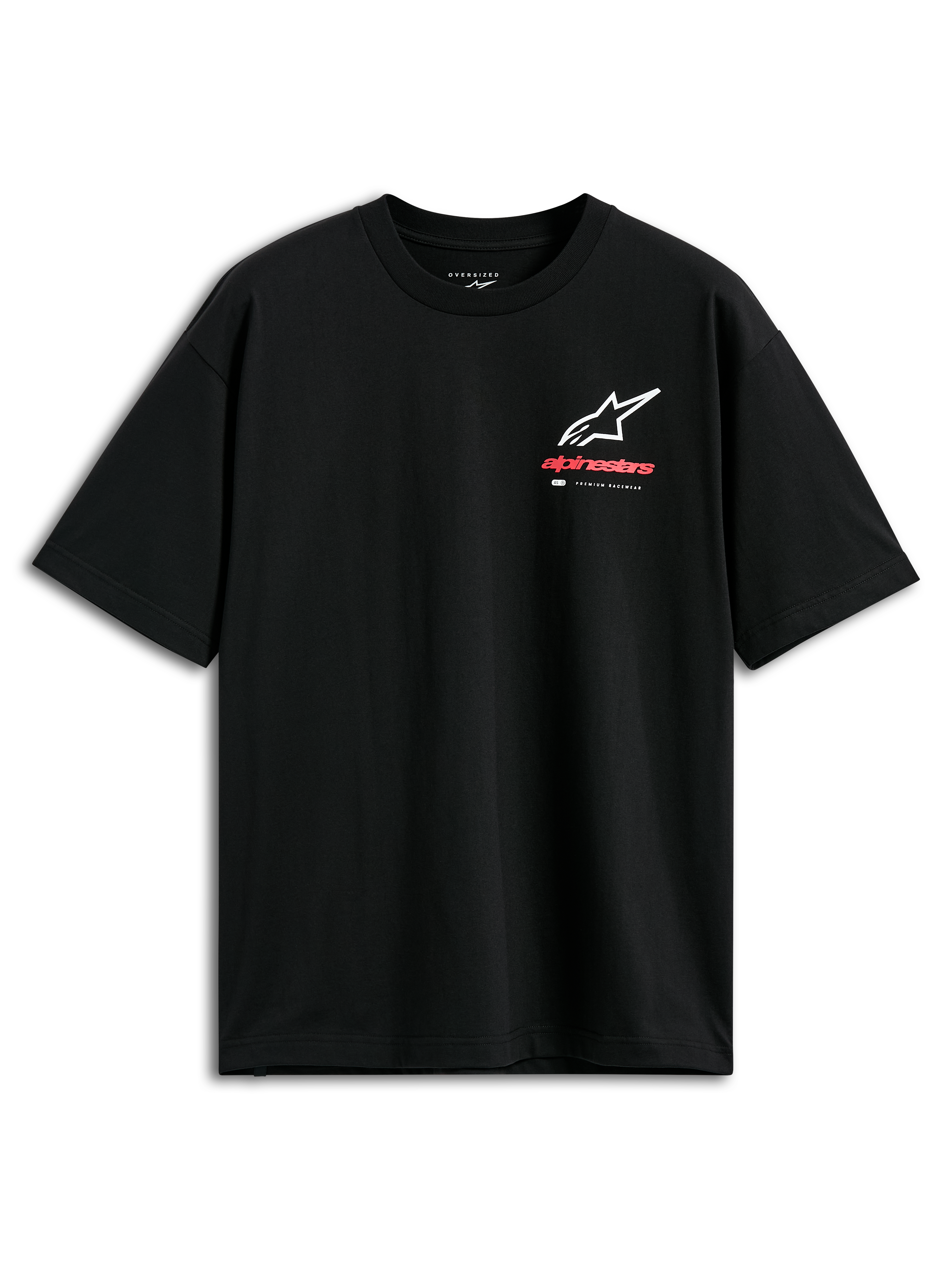Alpinestars Overhang Oversized CSF Tee, czarna koszulka z krótkim rękawem, biało-czerwone logo Astars z przodu z napisem „Premium Racewear”, luźny krój typu oversized, casualowa odzież motorsportowa w stylu streetwear