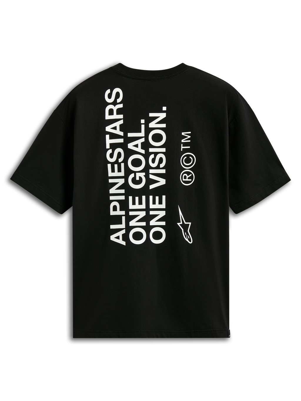 Koszulka Alpinestars One Oversized CSF Tee, t-shirt z krótkim rękawem, czarna, widok z tyłu z pionowym białym napisem 'ALPINESTARS ONE GOAL. ONE VISION.' i logo Astars, casualowy styl motorsportowy streetwear