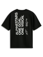 Koszulka Alpinestars One Oversized CSF Tee, t-shirt z krótkim rękawem, czarna, widok z tyłu z pionowym białym napisem 'ALPINESTARS ONE GOAL. ONE VISION.' i logo Astars, casualowy styl motorsportowy streetwear