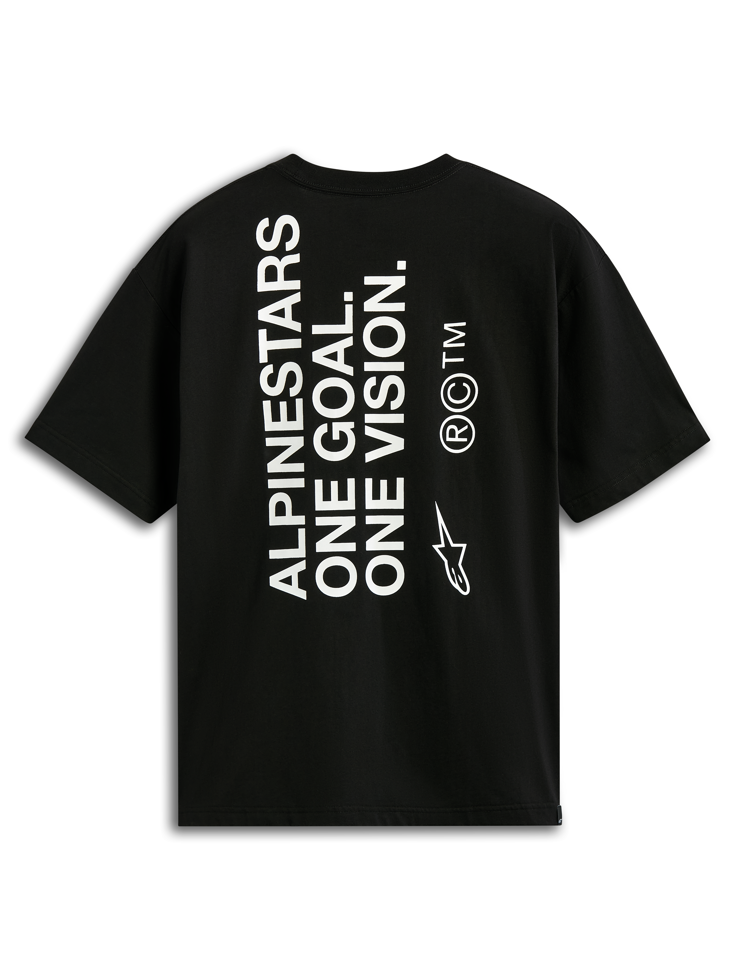 Koszulka Alpinestars One Oversized CSF Tee, t-shirt z krótkim rękawem, czarna, widok z tyłu z pionowym białym napisem 'ALPINESTARS ONE GOAL. ONE VISION.' i logo Astars, casualowy styl motorsportowy streetwear