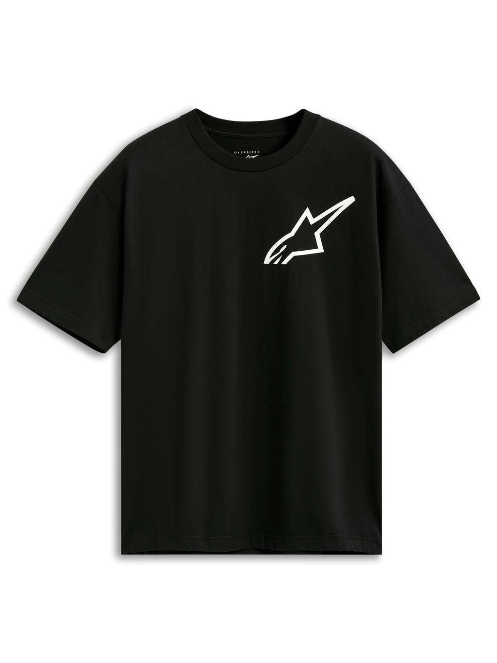 Alpinestars One Oversized CSF Tee, czarna koszulka z krótkim rękawem, białe logo Astars na piersi, luźny krój oversized, streetwear inspirowany motorsportem