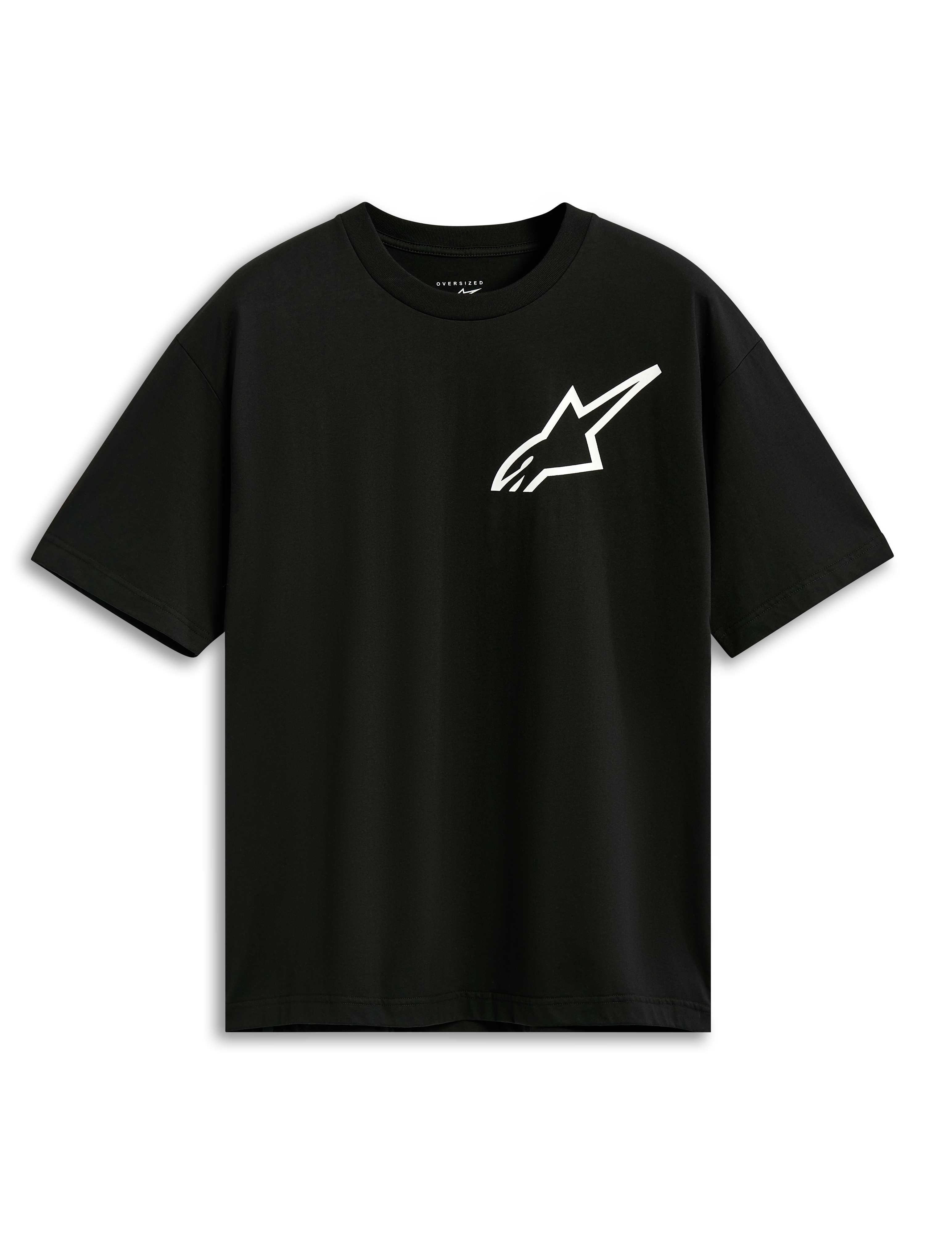 Alpinestars One Oversized CSF Tee, czarna koszulka z krótkim rękawem, białe logo Astars na piersi, luźny krój oversized, streetwear inspirowany motorsportem