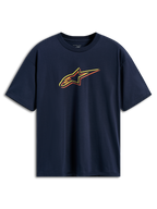 Alpinestars Alter Oversized CSF Tee, Short Sleeve T-Shirt, Navy Blue, Astars Logo with yellow, orange, and red color-offset outlines, casual motorsport streetwear