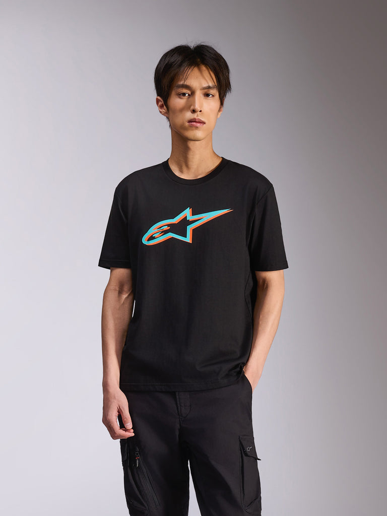 Alpinestars Alter Oversized CSF Tee, Short Sleeve T-Shirt, Black, Front Astars Logo with Teal and Orange Color Offset, Casual Motorsport Streetwear, worn by a model with black cargo pants