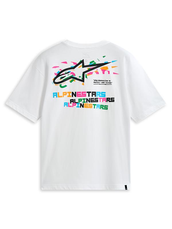 Alpinestars Wild Oversized CSF Tee, biała koszulka z krótkim rękawem, widok z tyłu przedstawiający żywą, wielokolorową grafikę z logo i nadrukiem tekstowym