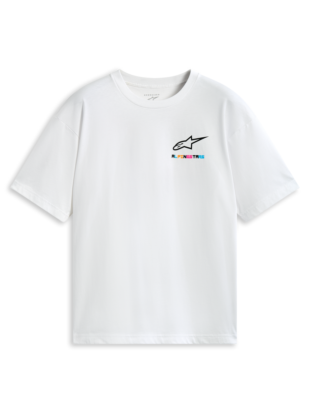 Alpinestars T-Shirt Wild Oversized CSF, biała koszulka z krótkim rękawem o kroju oversize, z żywym, wielokolorowym logo i grafiką na piersi
