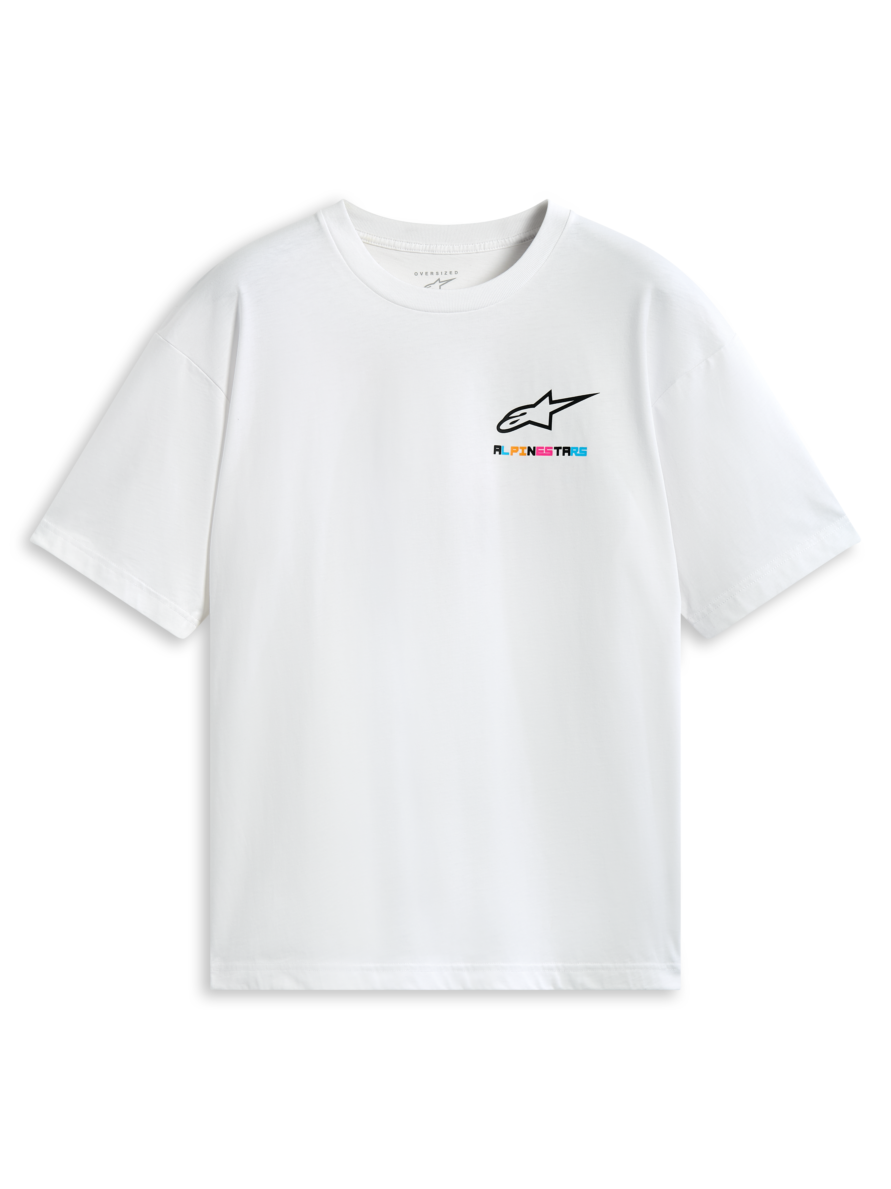 Alpinestars T-Shirt Wild Oversized CSF, biała koszulka z krótkim rękawem o kroju oversize, z żywym, wielokolorowym logo i grafiką na piersi