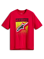 Alpinestars Noka CSF Tee, Short Sleeve T-Shirt, Red, Front Graphic with Black Alpinestars Text Bar and Large Astars Logo over Yellow and Red MX Gradation Splatter, Casual Motorsport Sportswear