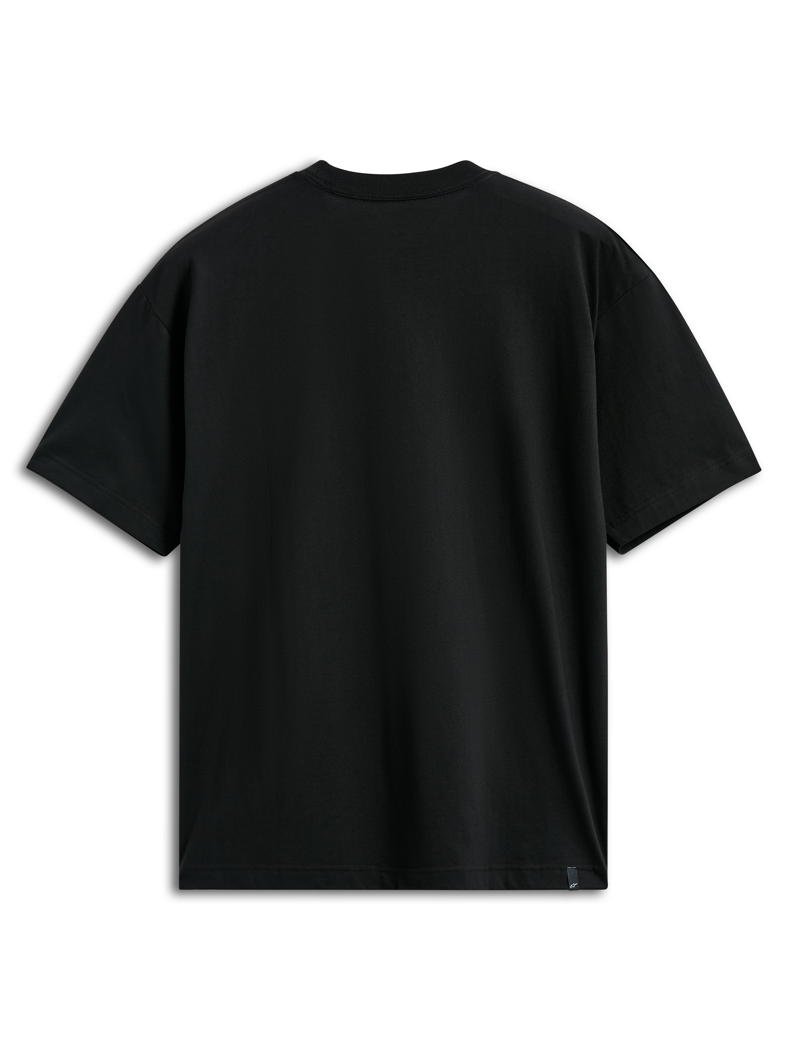 Alpinestars Ellipsoid CSF Tee, koszulka z krótkim rękawem, czarna, widok z tyłu, gładki fason z małą metką z logo u dołu, casualowy streetwear w stylu motorsport