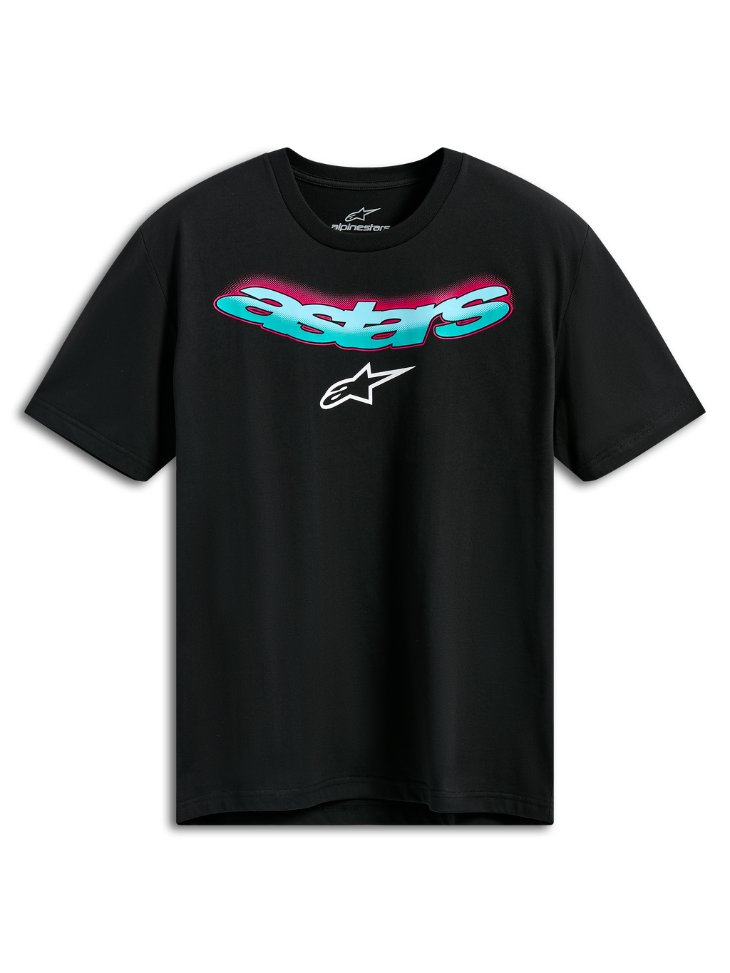 Alpinestars Ellipsoid CSF Tee, t-shirt z krótkim rękawem, czarny, zakrzywiony turkusowy napis Astars z różowym gradientem i białym logo, codzienna odzież sportowa
