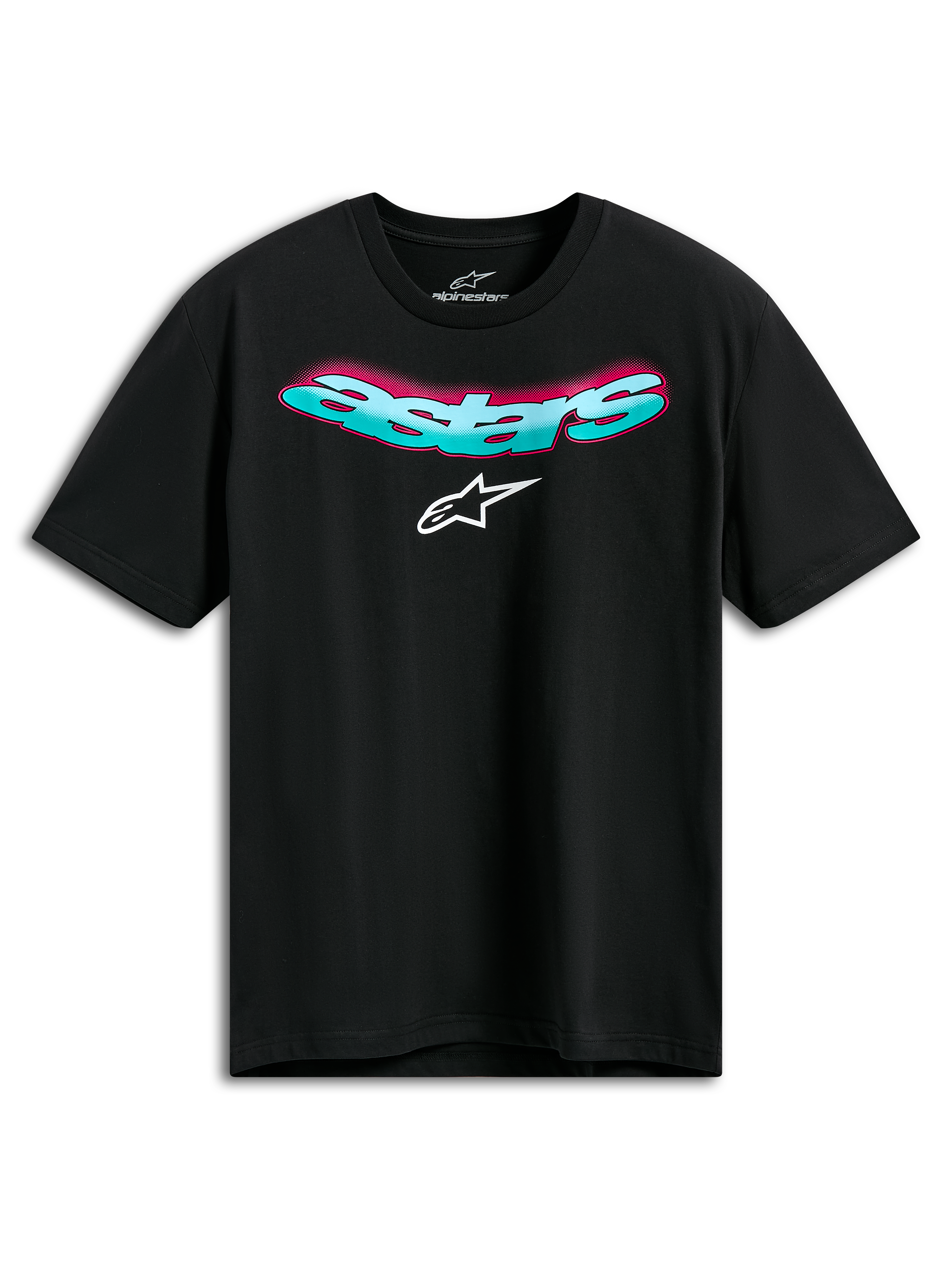 Alpinestars Ellipsoid CSF Tee, t-shirt z krótkim rękawem, czarny, zakrzywiony turkusowy napis Astars z różowym gradientem i białym logo, codzienna odzież sportowa