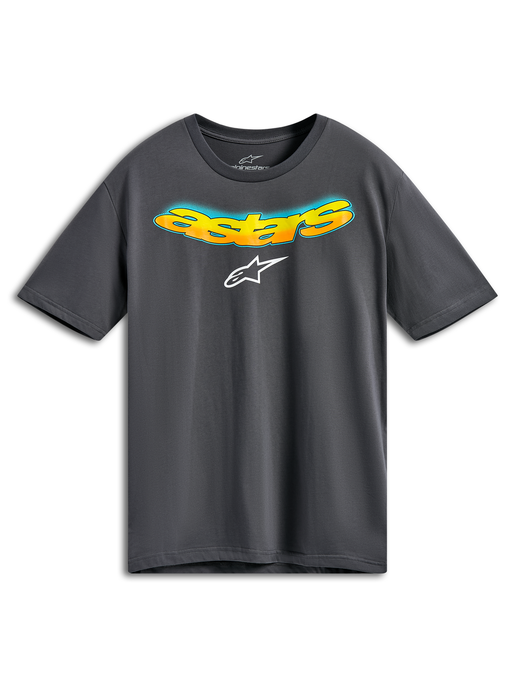Alpinestars Ellipsoid CSF Tee, koszulka z krótkim rękawem, ciemnoszara, zakrzywiony napis Astars z przodu z pomarańczowo-żółtym gradientem i niebieskimi detalami typu halftone, białe logo Alpinestars, codzienna odzież sportowa
