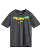 Alpinestars Ellipsoid CSF Tee, koszulka z krótkim rękawem, ciemnoszara, zakrzywiony napis Astars z przodu z pomarańczowo-żółtym gradientem i niebieskimi detalami typu halftone, białe logo Alpinestars, codzienna odzież sportowa