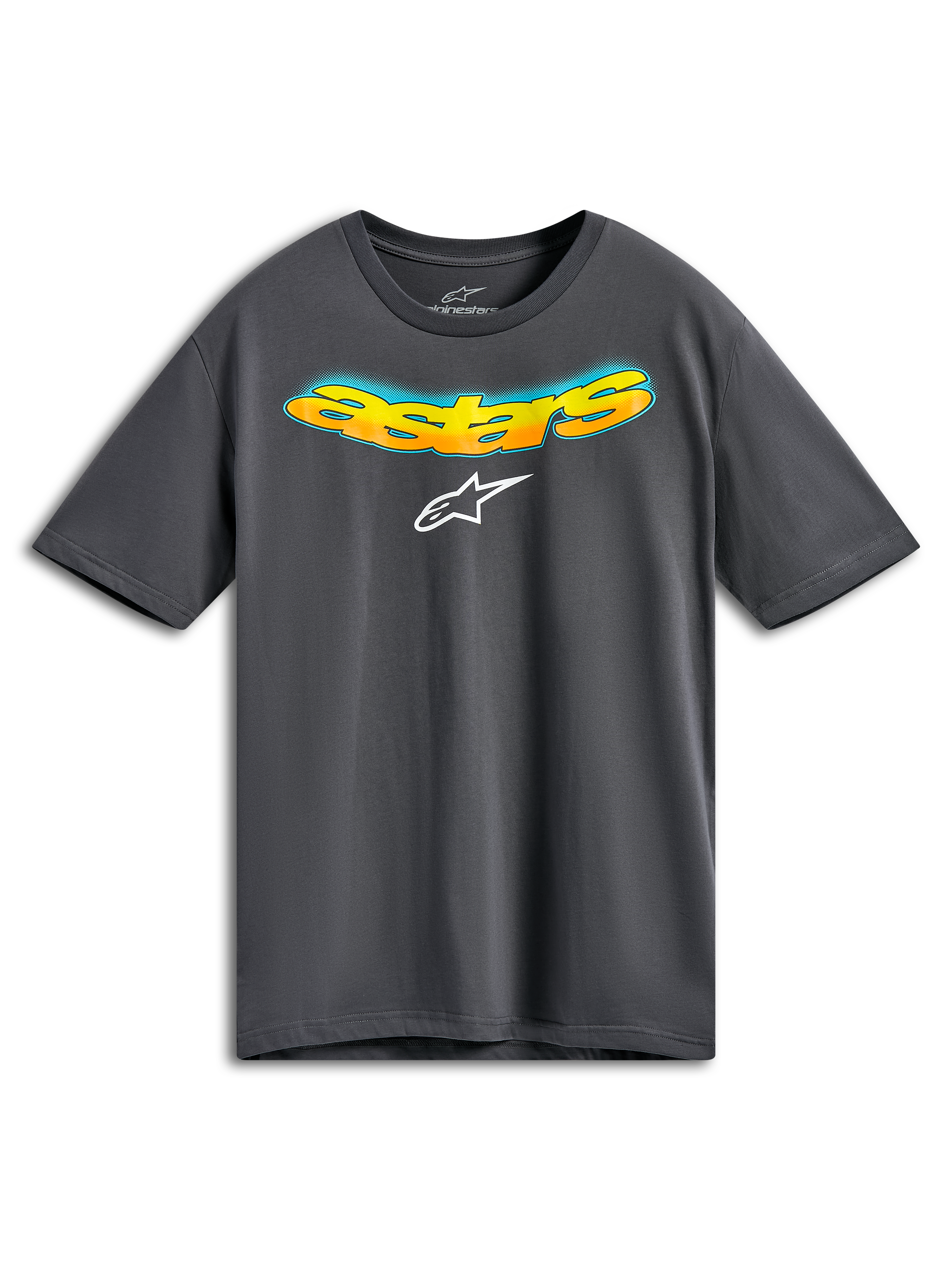 Alpinestars Ellipsoid CSF Tee, koszulka z krótkim rękawem, ciemnoszara, zakrzywiony napis Astars z przodu z pomarańczowo-żółtym gradientem i niebieskimi detalami typu halftone, białe logo Alpinestars, codzienna odzież sportowa
