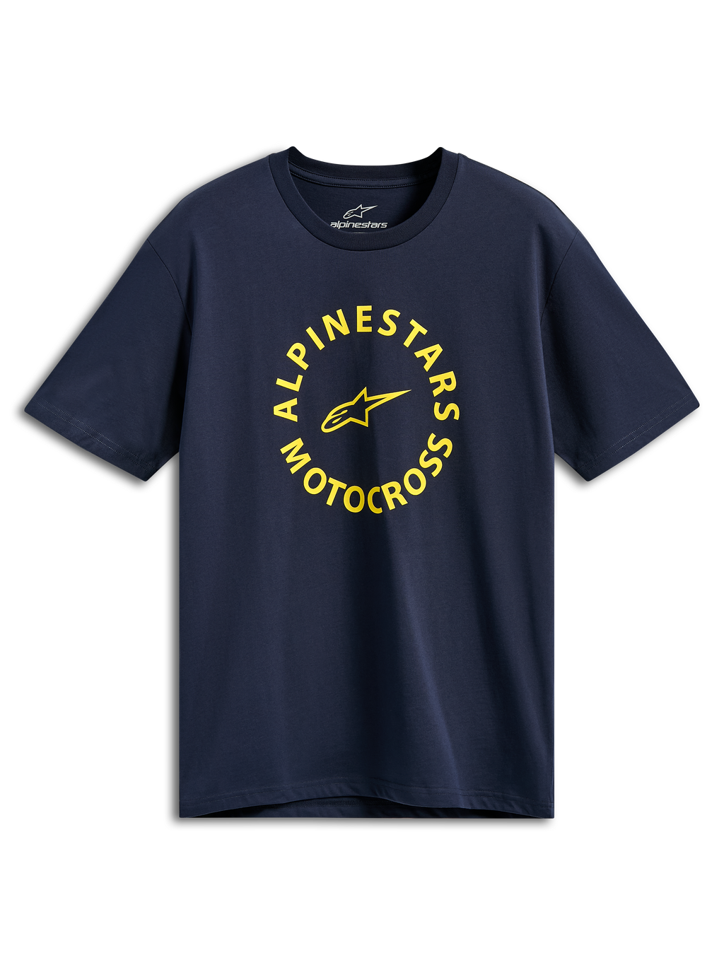 Alpinestars MX CSF Tee, koszulka z krótkim rękawem, granatowa, żółta okrągła grafika Alpinestars Motocross, codzienna odzież typu streetwear inspirowana motorsportem
