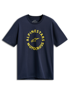 Alpinestars MX CSF Tee, koszulka z krótkim rękawem, granatowa, żółta okrągła grafika Alpinestars Motocross, codzienna odzież typu streetwear inspirowana motorsportem