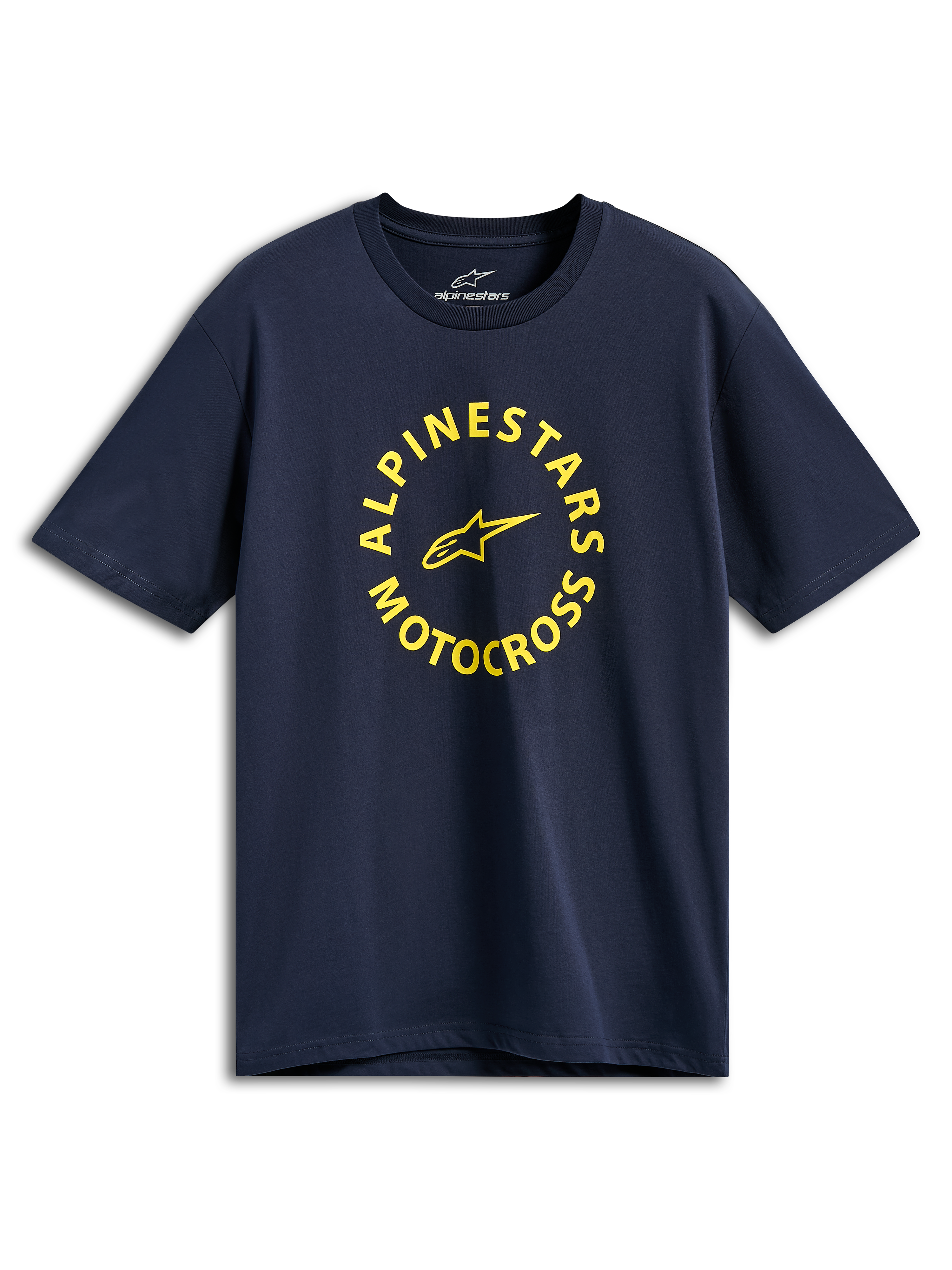 Alpinestars MX CSF Tee, koszulka z krótkim rękawem, granatowa, żółta okrągła grafika Alpinestars Motocross, codzienna odzież typu streetwear inspirowana motorsportem