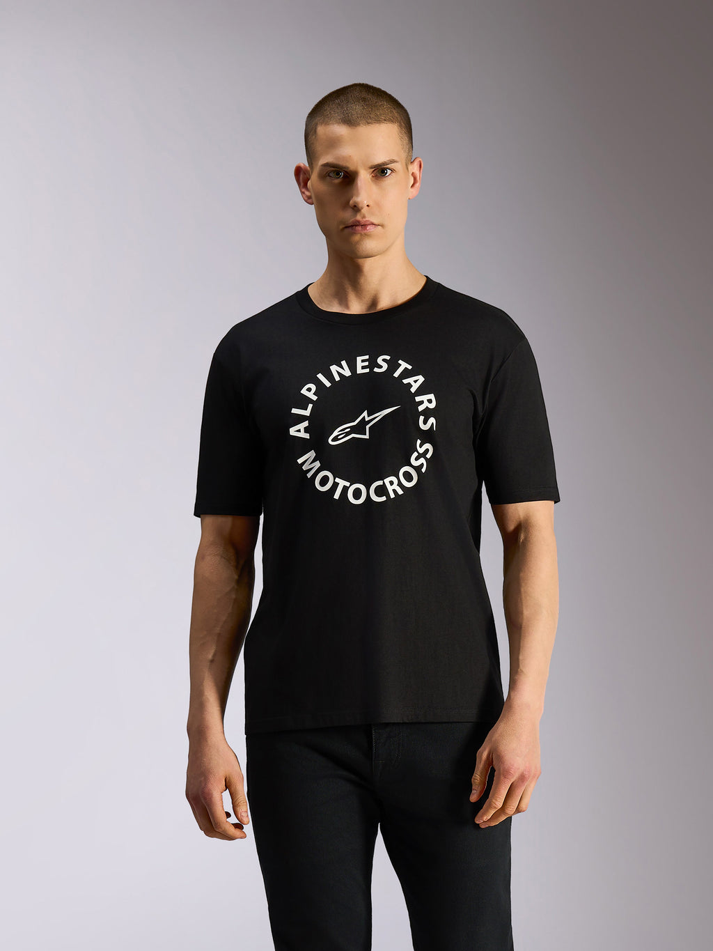 Alpinestars MX CSF Tee, koszulka z krótkim rękawem, czarna, biała okrągła grafika Alpinestars Motocross, casualowa odzież uliczna w stylu motorsport