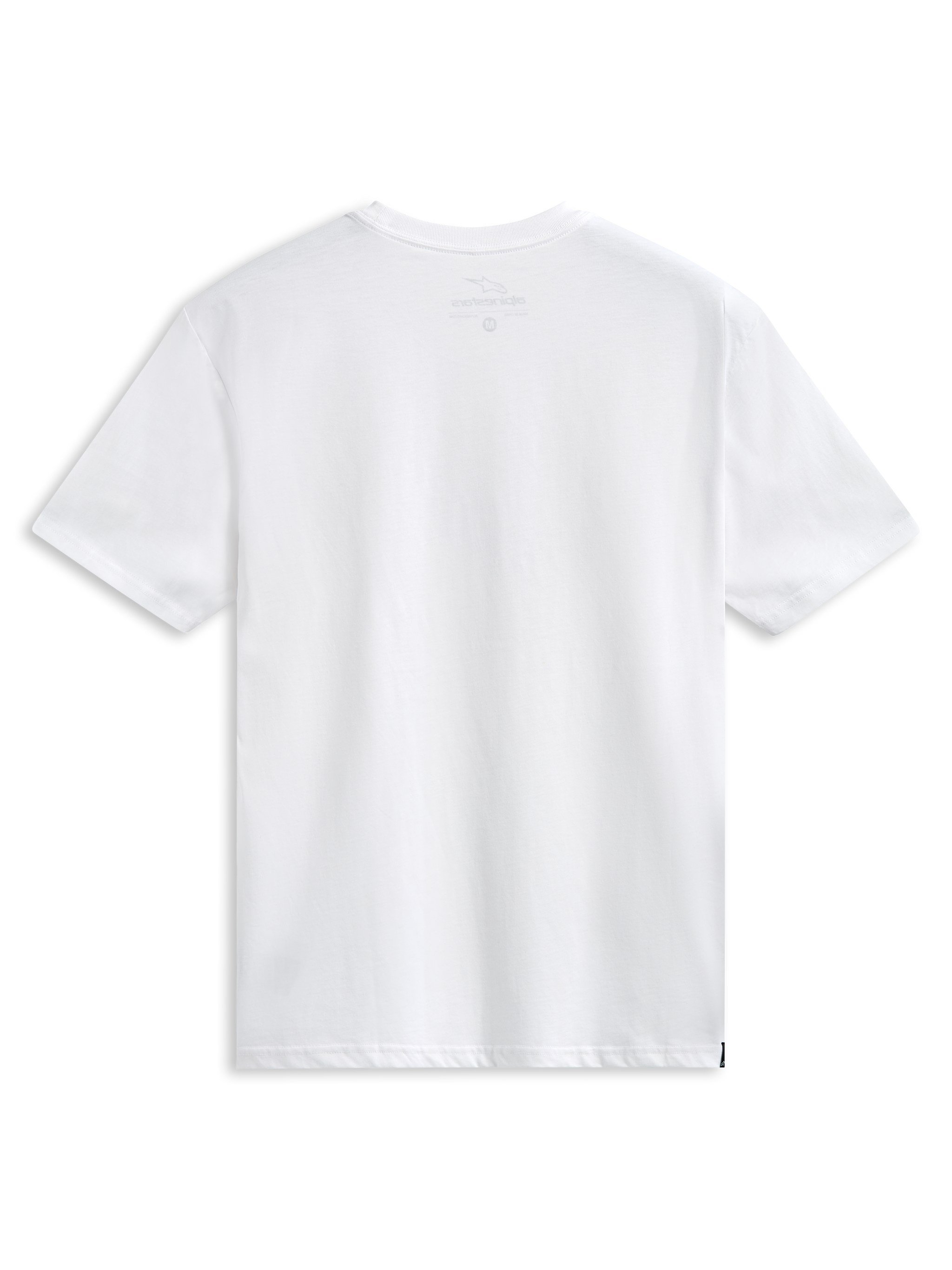 Alpinestars Plate CSF Tee, koszulka z krótkim rękawem, biała, widok z tyłu, posiada wewnętrzny nadruk na karku i małą boczną metkę, codzienna odzież streetwearowa w stylu motorsport