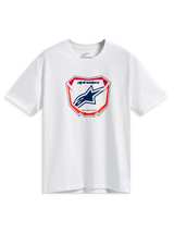 Alpinestars Plate CSF Tee, biała koszulka z krótkim rękawem, centralna grafika płyty MX z niebieskim logo Astars oraz czerwonymi i pomarańczowymi akcentami, codzienna odzież motorsportowa w stylu streetwear