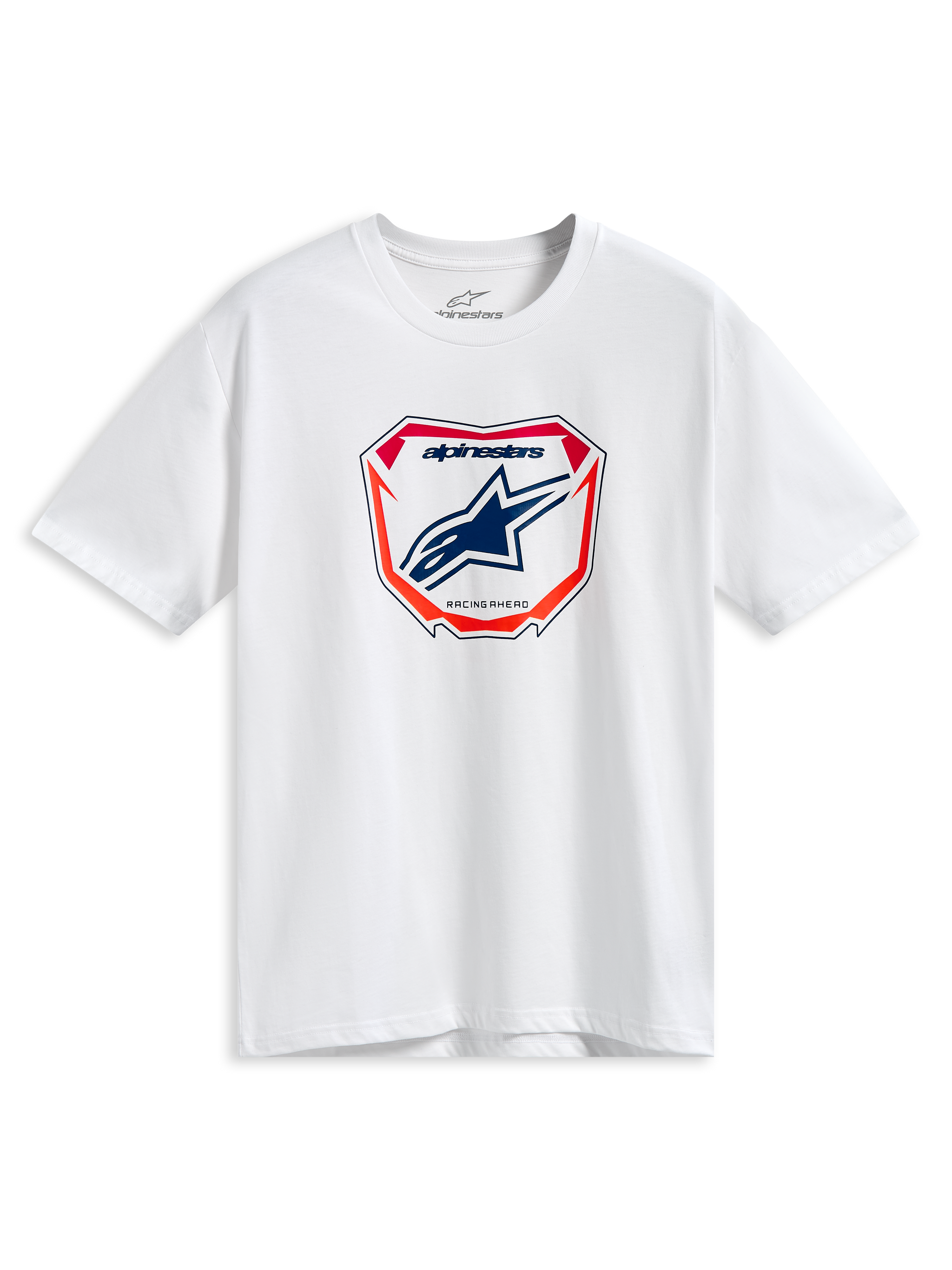 Alpinestars Plate CSF Tee, biała koszulka z krótkim rękawem, centralna grafika płyty MX z niebieskim logo Astars oraz czerwonymi i pomarańczowymi akcentami, codzienna odzież motorsportowa w stylu streetwear