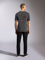 Alpinestars Pop Helmet CSF Tee, Short Sleeve T-Shirt, Charcoal Gray, featuring a grid of multi-colored M10 helmet graphics on the back with 'ALPINESTARS PROTECTS' text, Casual Motorsport Streetwear