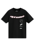Alpinestars Abus CSF Tee, koszulka z krótkim rękawem, czarna, zakrzywione białe logo Alpinestars z czerwoną obwódką, wielowarstwowe grafiki z napisami „Racing Ahead” i „1963”, codzienna odzież motorsportowa