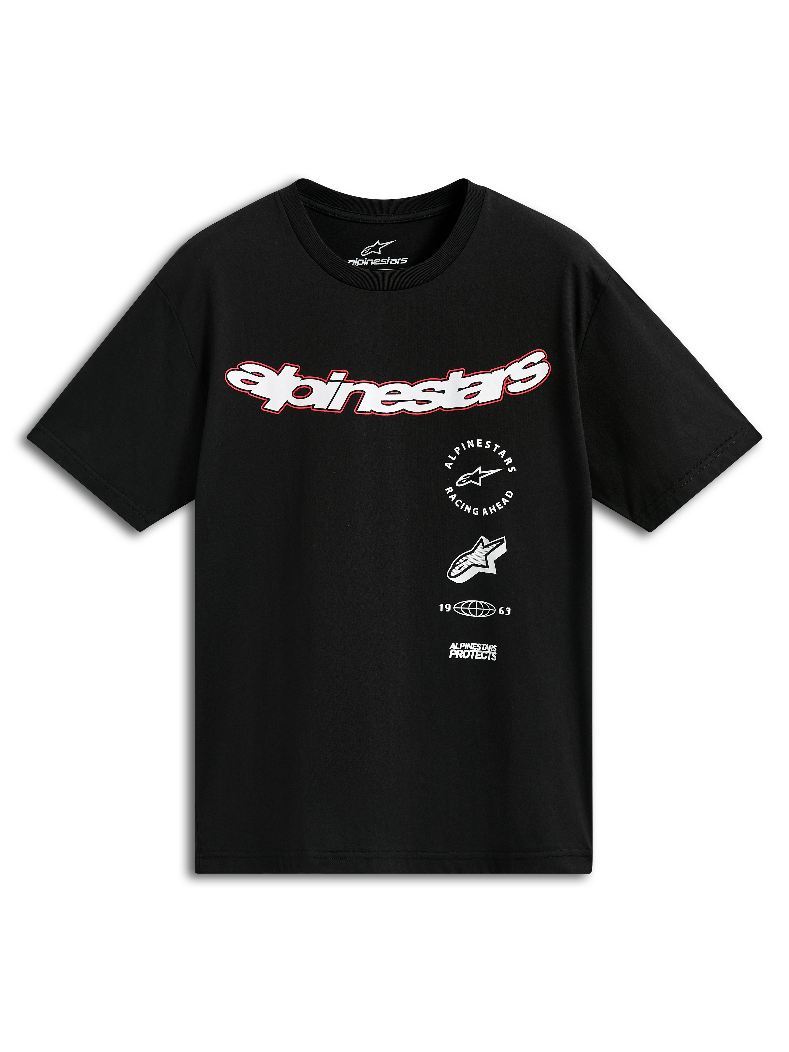 Alpinestars Abus CSF Tee, koszulka z krótkim rękawem, czarna, zakrzywione białe logo Alpinestars z czerwoną obwódką, wielowarstwowe grafiki z napisami „Racing Ahead” i „1963”, codzienna odzież motorsportowa