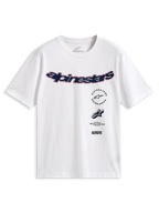 Alpinestars Abus CSF Tee, koszulka z krótkim rękawem, biała, zakrzywione granatowe logo Alpinestars z czerwoną obwódką, wielowarstwowe grafiki z przodu, codzienna odzież uliczna w stylu motorsport