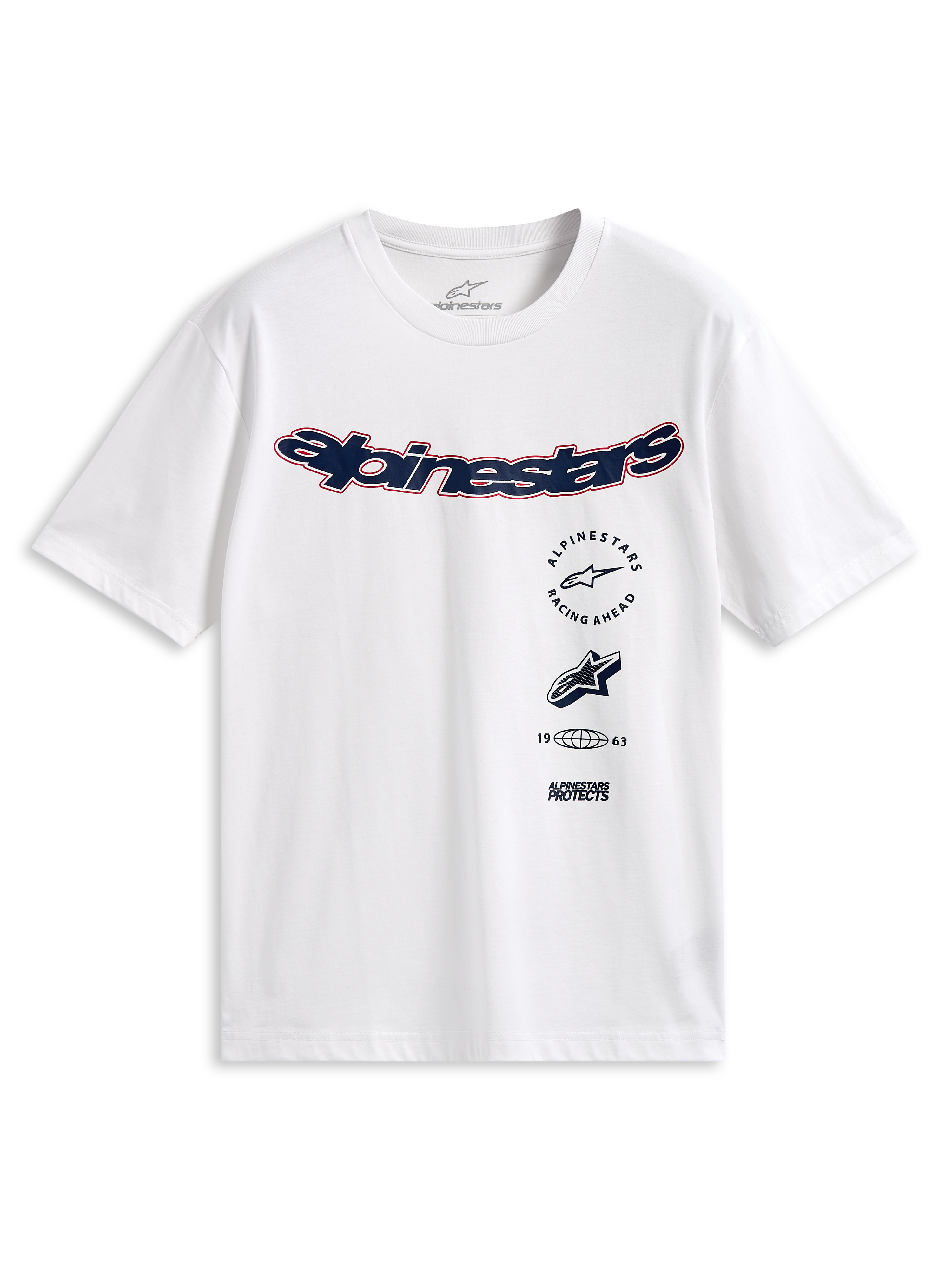 Alpinestars Abus CSF Tee, koszulka z krótkim rękawem, biała, zakrzywione granatowe logo Alpinestars z czerwoną obwódką, wielowarstwowe grafiki z przodu, codzienna odzież uliczna w stylu motorsport