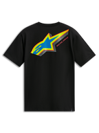 Alpinestars Angler CSF Tee, koszulka z krótkim rękawem, czarna, widok z tyłu, wielokolorowe logo Astars z niebieskim perforowanym wypełnieniem i napisem „Racing Ahead”, codzienny motorsportowy streetwear