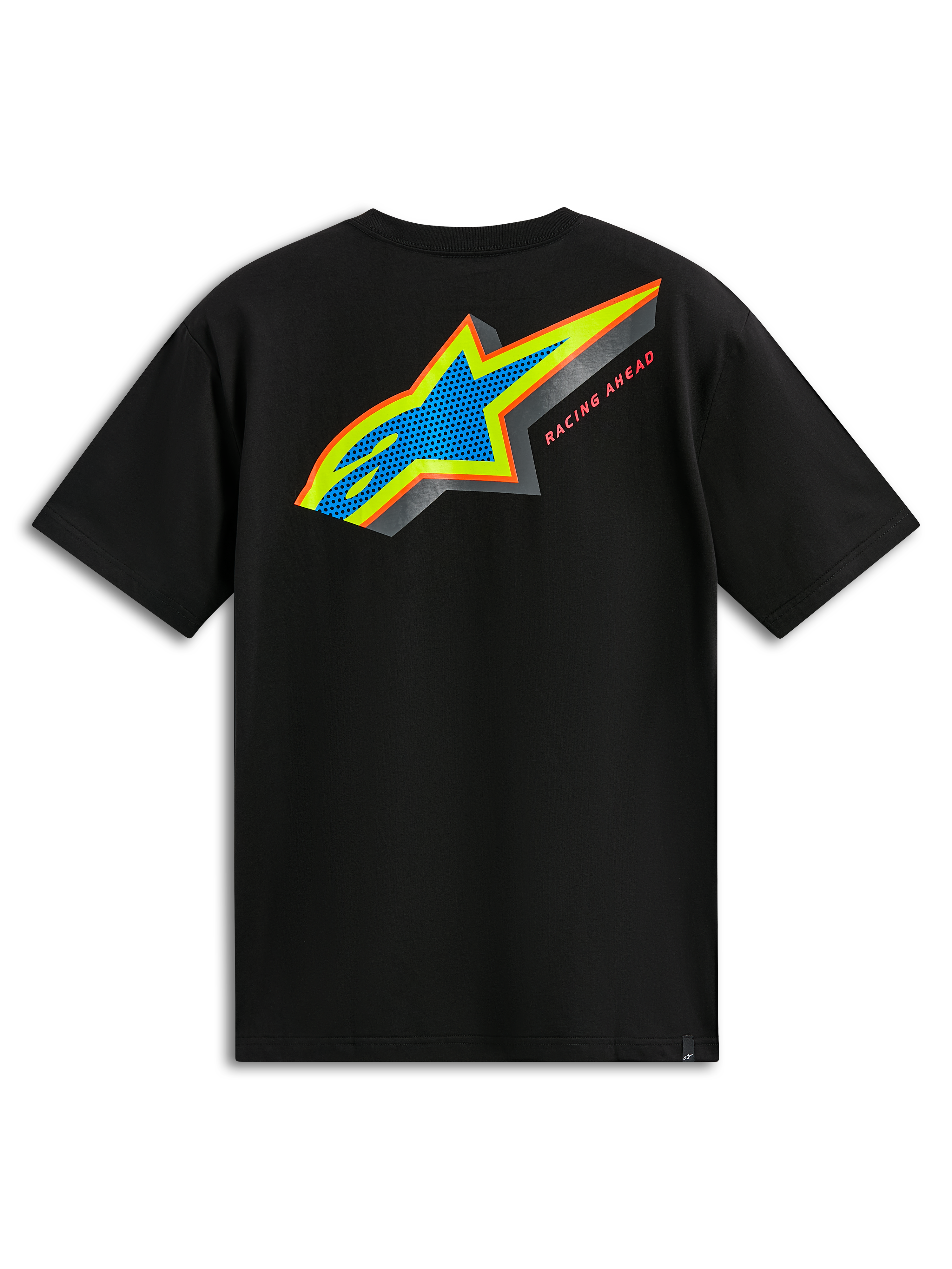 Alpinestars Angler CSF Tee, koszulka z krótkim rękawem, czarna, widok z tyłu, wielokolorowe logo Astars z niebieskim perforowanym wypełnieniem i napisem „Racing Ahead”, codzienny motorsportowy streetwear