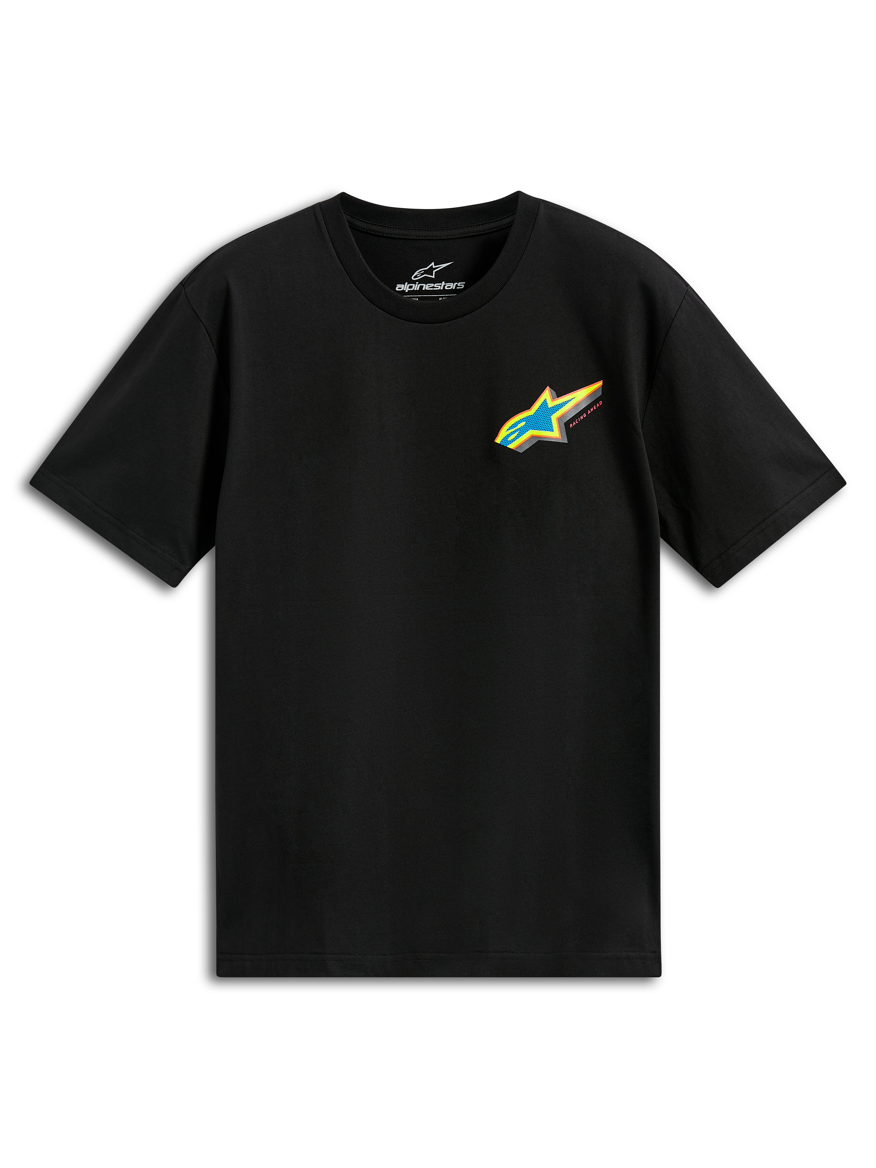 Alpinestars Angler CSF Tee, czarna koszulka z krótkim rękawem, żywe, wielokolorowe logo Astars z niebieską gwiazdą i żółtą obwódką na piersi, casualowa odzież motorsportowa
