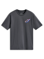 Alpinestars Angler CSF Tee, t-shirt z krótkim rękawem, ciemnoszary, wielokolorowe logo Astars na lewej piersi z czerwonymi i niebieskimi akcentami, codzienna odzież motorsportowa typu streetwear
