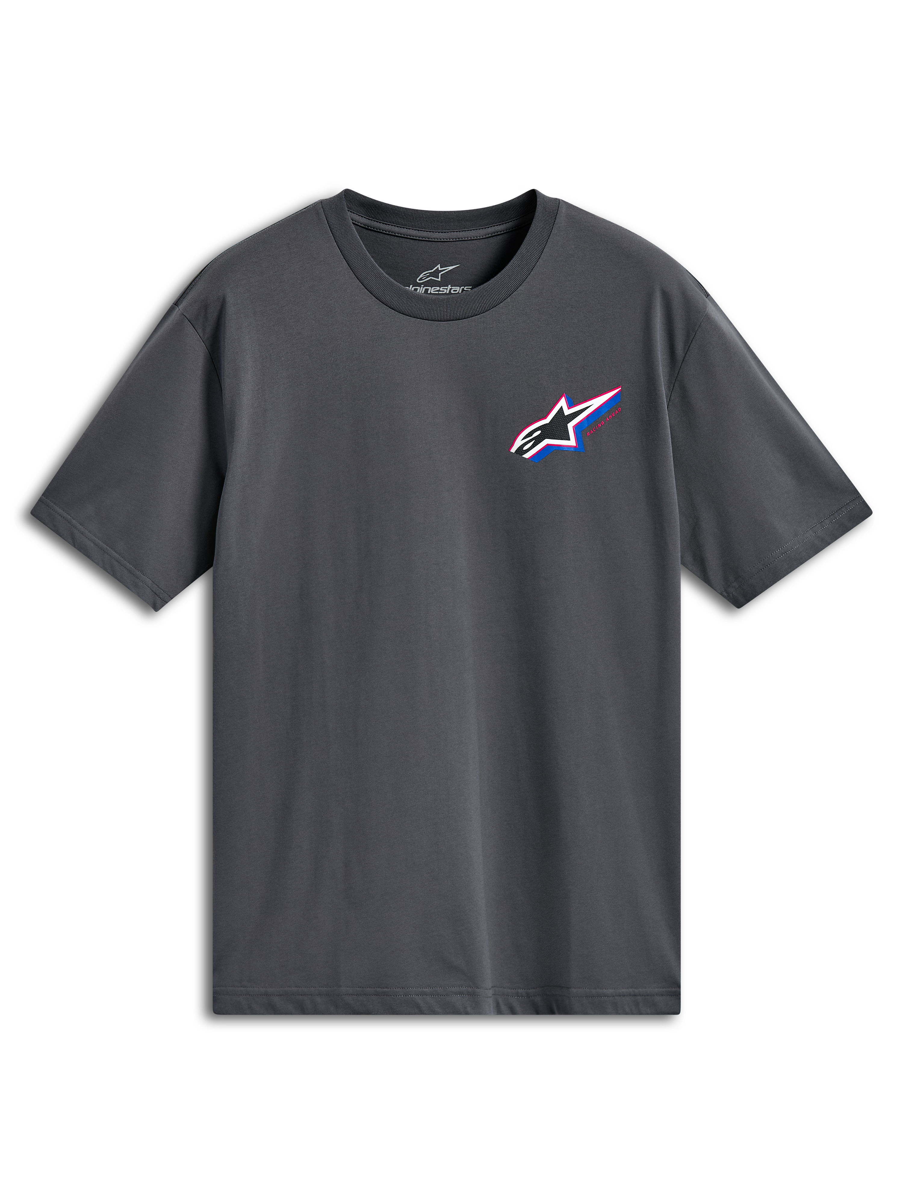 Alpinestars Angler CSF Tee, t-shirt z krótkim rękawem, ciemnoszary, wielokolorowe logo Astars na lewej piersi z czerwonymi i niebieskimi akcentami, codzienna odzież motorsportowa typu streetwear