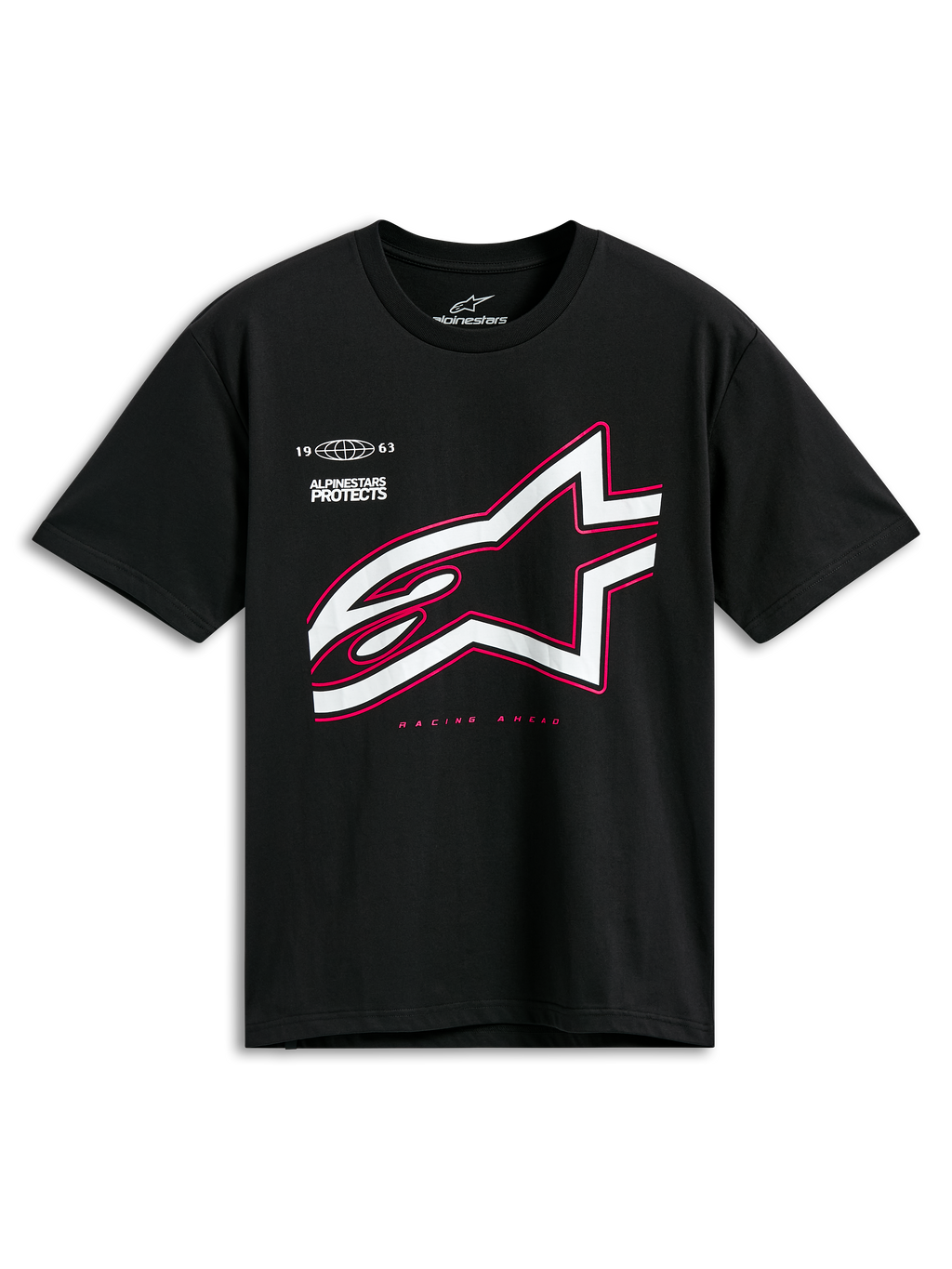 Alpinestars Authority CSF Tee, koszulka z krótkim rękawem, czarna, duże białe logo Astars z różowym konturem, z napisami „Alpinestars Protects” i „Racing Ahead”, codzienna odzież streetwearowa w stylu motorsportowym
