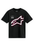 Alpinestars Authority CSF Tee, koszulka z krótkim rękawem, czarna, duże białe logo Astars z różowym konturem, z napisami „Alpinestars Protects” i „Racing Ahead”, codzienna odzież streetwearowa w stylu motorsportowym