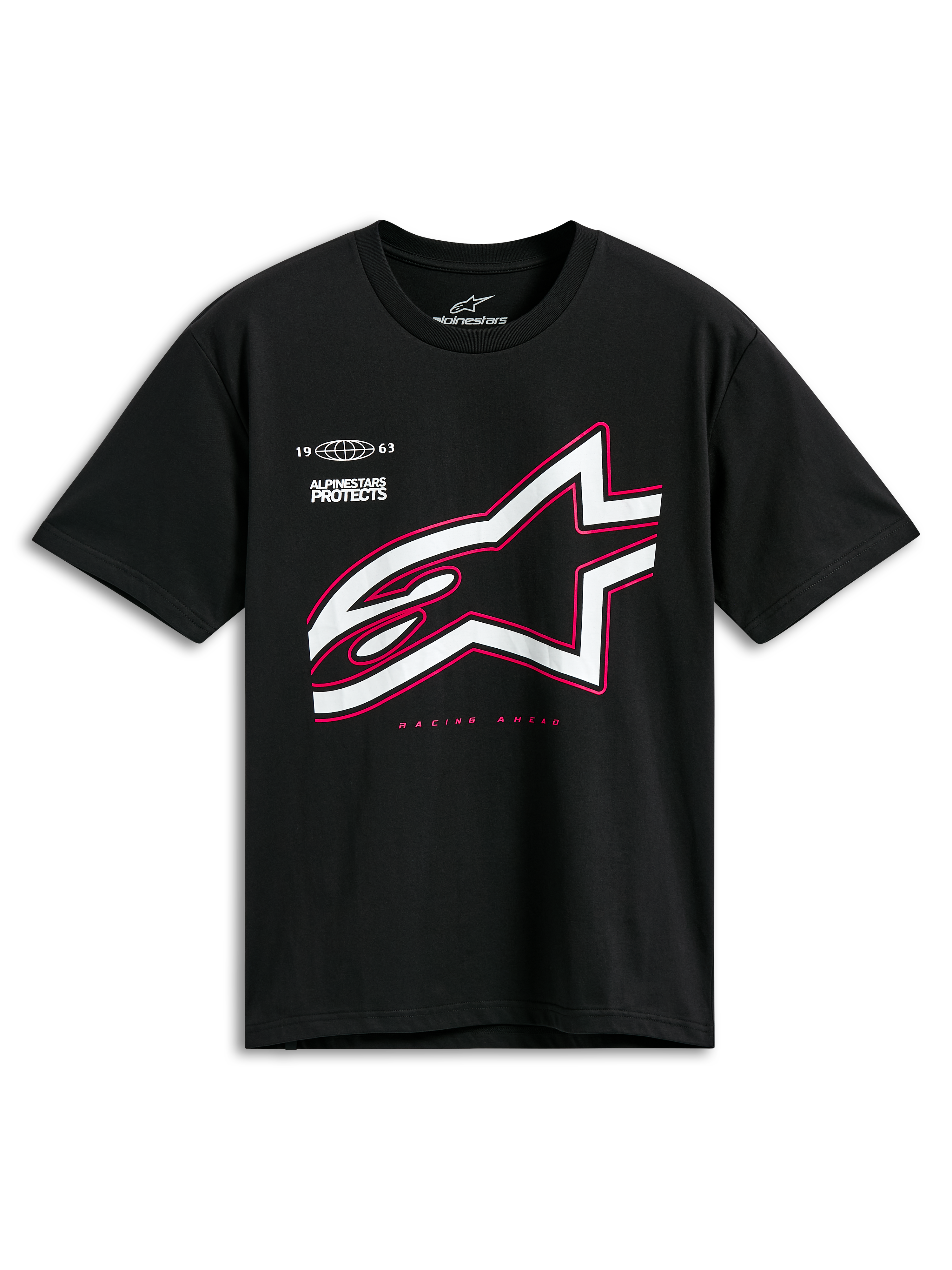 Alpinestars Authority CSF Tee, koszulka z krótkim rękawem, czarna, duże białe logo Astars z różowym konturem, z napisami „Alpinestars Protects” i „Racing Ahead”, codzienna odzież streetwearowa w stylu motorsportowym