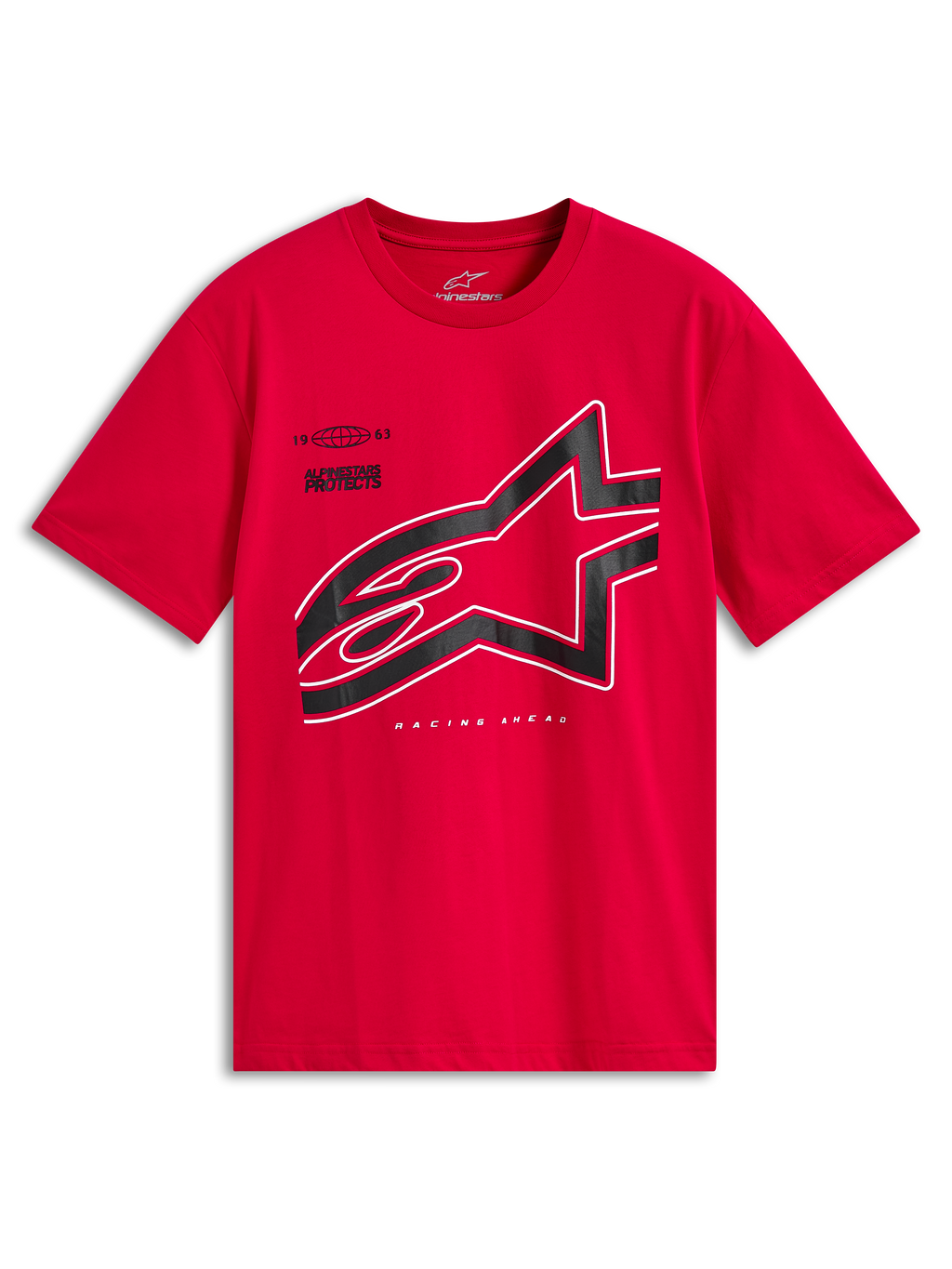 Alpinestars Authority CSF Tee, koszulka z krótkim rękawem, czerwona, duże czarne przycięte logo Astars z białym konturem, sportowa odzież motorsportowa