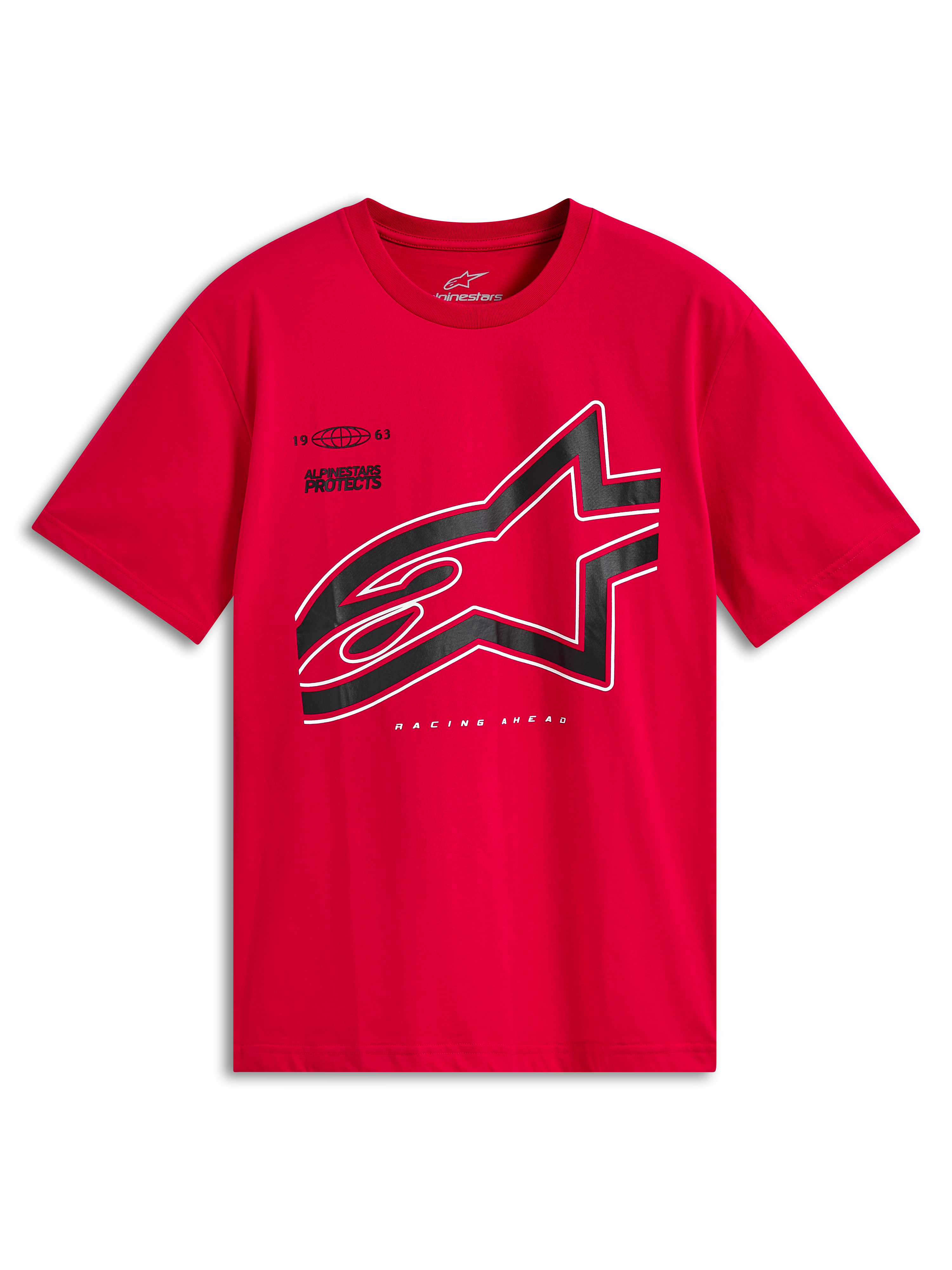 Alpinestars Authority CSF Tee, koszulka z krótkim rękawem, czerwona, duże czarne przycięte logo Astars z białym konturem, sportowa odzież motorsportowa