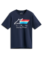 Alpinestars Trifecta CSF Tee, koszulka z krótkim rękawem, granatowa, białe logo Astars z czerwonymi, szarymi i błękitnymi paskami, napisy GOAL ONE VISION oraz Racing Ahead, codzienna odzież uliczna w stylu motorsport