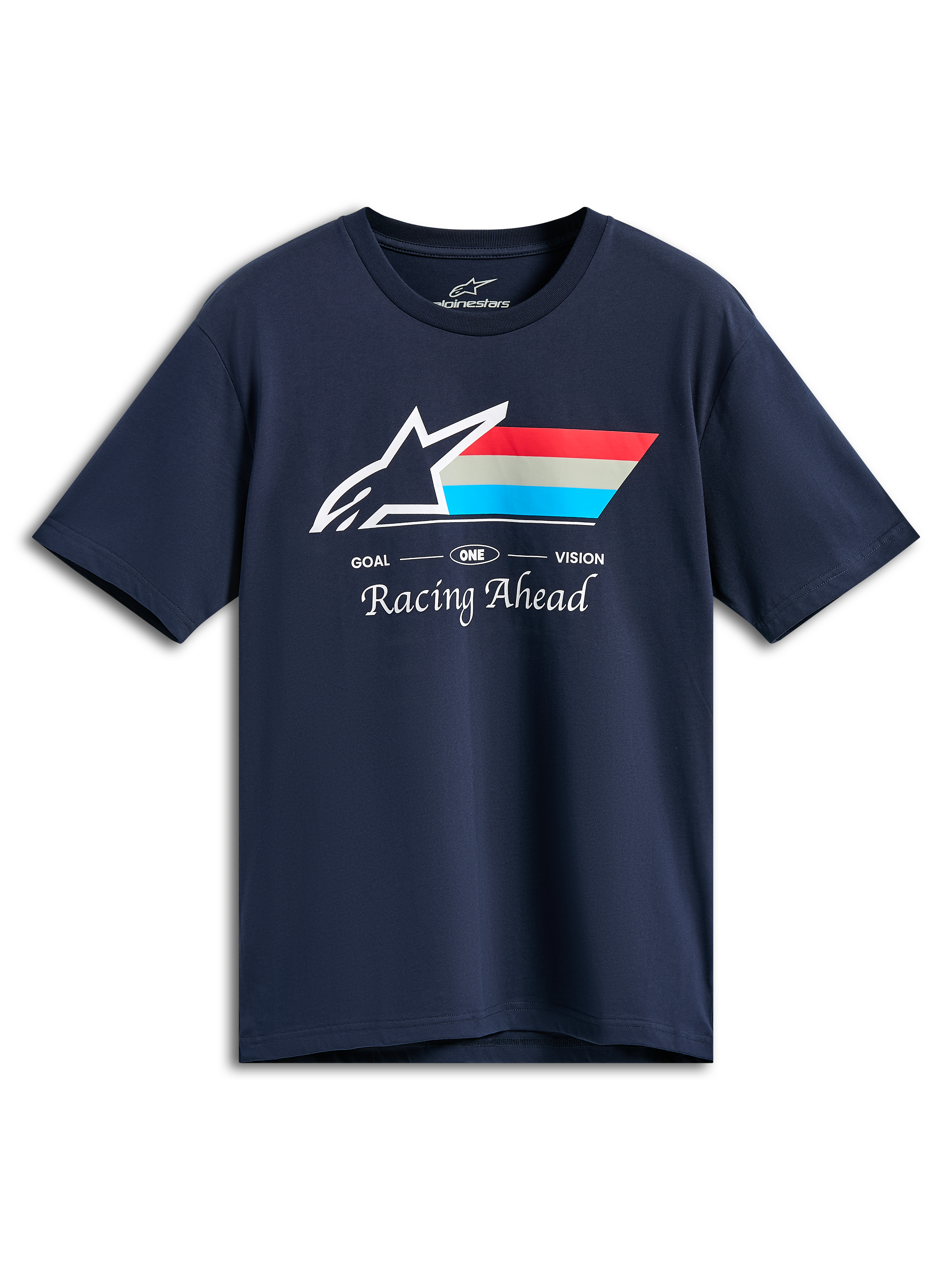 Alpinestars Trifecta CSF Tee, koszulka z krótkim rękawem, granatowa, białe logo Astars z czerwonymi, szarymi i błękitnymi paskami, napisy GOAL ONE VISION oraz Racing Ahead, codzienna odzież uliczna w stylu motorsport